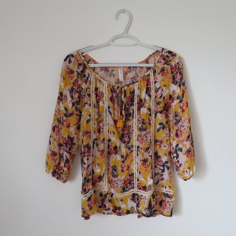 Xhilaration Yellow Floral Hippie Bohemian Peasant Blouse Size XS